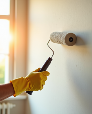 Personne peignant un mur lumineux avec un rouleau dans un intérieur moderne