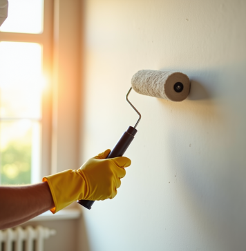 Santé : limiter les dangers de la peinture à la maison Personne peignant un mur lumineux avec un rouleau dans un intérieur moderne