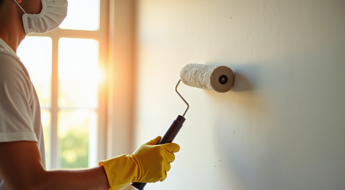 Personne peignant un mur lumineux avec un rouleau dans un intérieur moderne