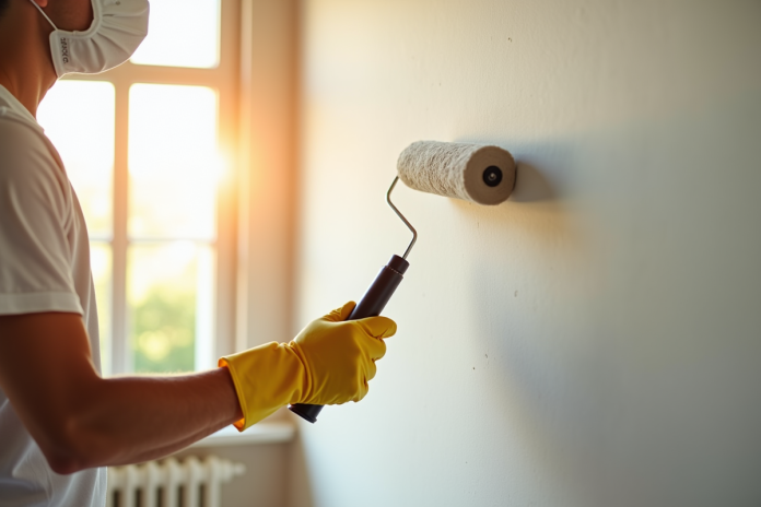peintre-living-room-roller Personne peignant un mur lumineux avec un rouleau dans un intérieur moderne