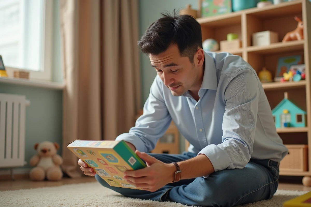 Père lisant attentivement la boîte d'un jouet éducatif dans une chambre d'enfant bien organisée, geste de choix réfléchi et de confiance parentale