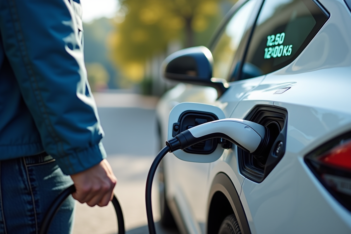 Personne branchant une voiture électrique à une station de recharge