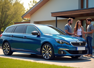 Le prix de la Peugeot 408 : pourquoi est-ce pertinent pour votre budget ? Peugeot 408 bleue devant maison moderne en banlieue