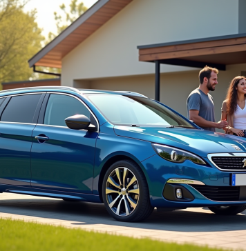 Peugeot 408 bleue devant maison moderne en banlieue