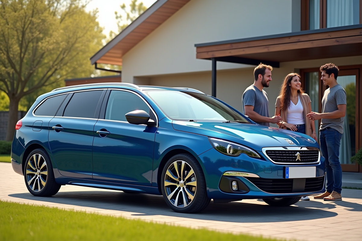 Peugeot 408 bleue devant maison moderne en banlieue