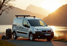 Véhicule Peugeot Partner Tepee au bord du lac au matin