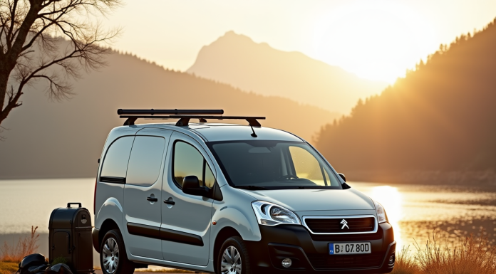 Véhicule Peugeot Partner Tepee au bord du lac au matin