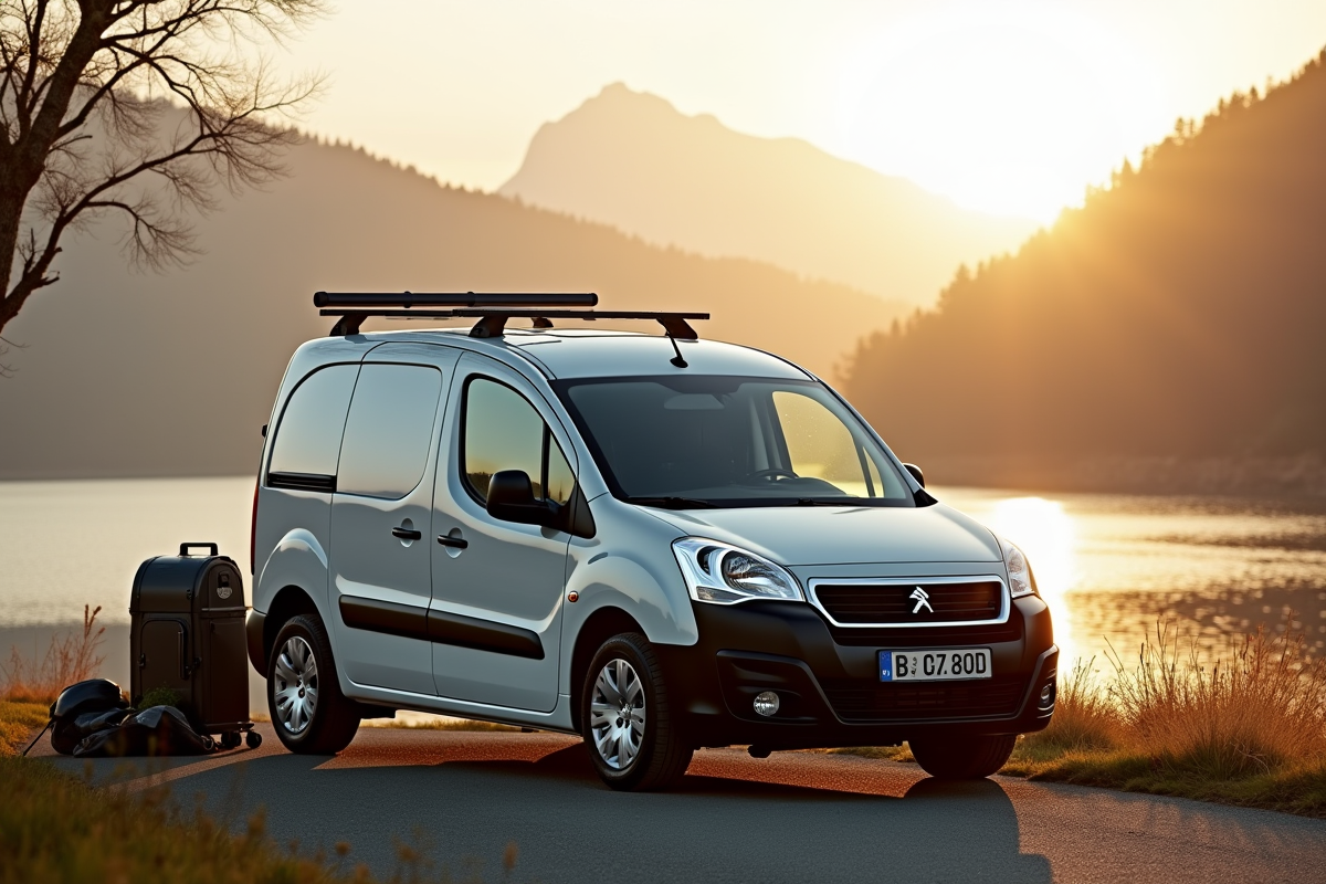 Véhicule Peugeot Partner Tepee au bord du lac au matin