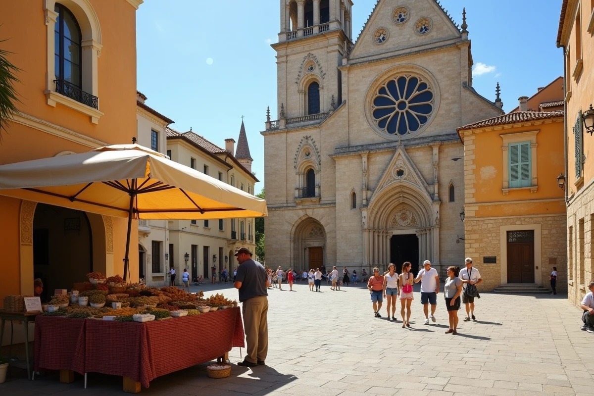 Place de l'Hôtel de Ville de Narbonne avec la Cathédrale Saint-Just en arrière-plan et un marché local pittoresque au premier plan