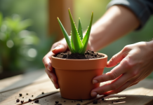 Main plantant une aloe vera dans un pot en terre cuite