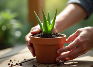 Main plantant une aloe vera dans un pot en terre cuite