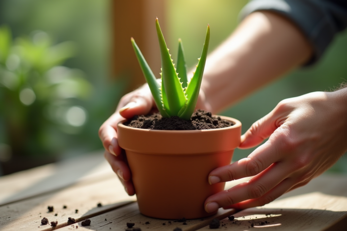 Main plantant une aloe vera dans un pot en terre cuite