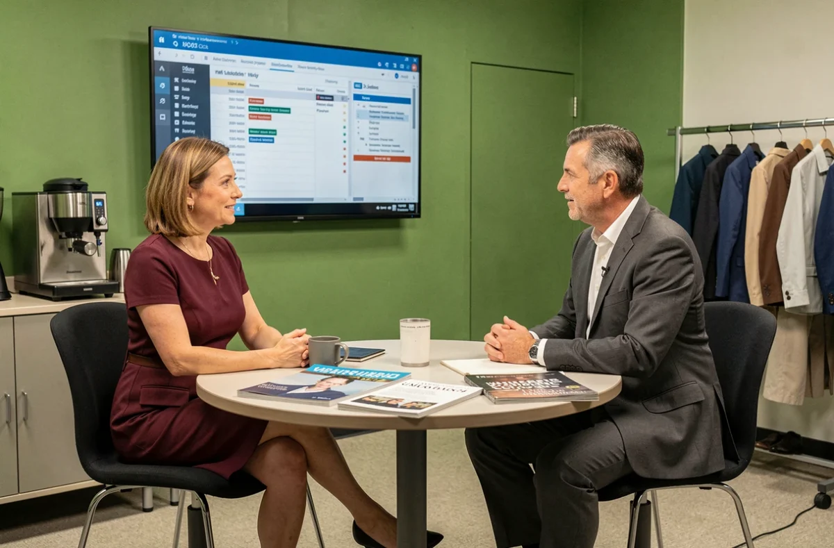 Deux présentateurs TV en discussion dans une loge de tournage moderne avec moniteur de programmation et accessoires de plateau
