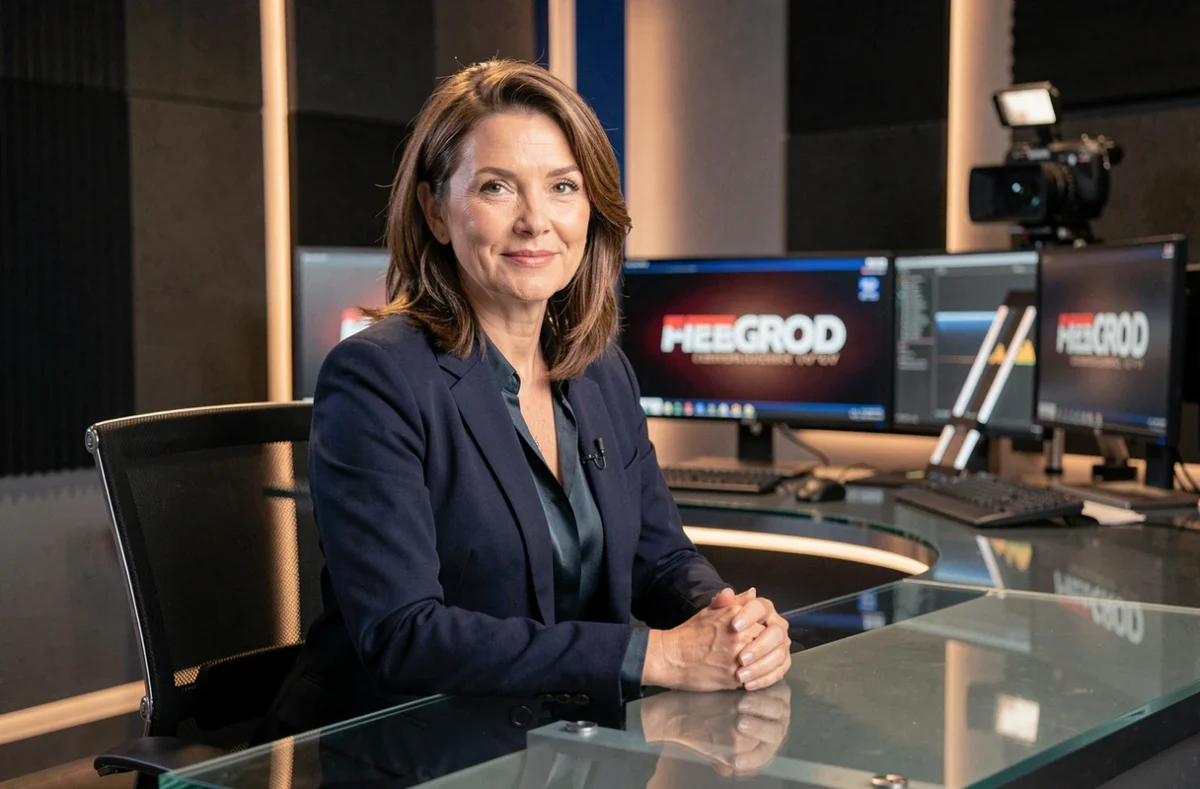 Présentatrice TV française en blazer marine assise au bureau d'un plateau de journal télévisé avec moniteurs et caméras en arrière-plan
