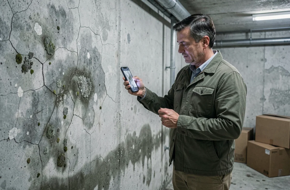 Propriétaire photographiant des traces d'humidité et de moisissures dans une cave comme preuves d'un vice caché immobilier