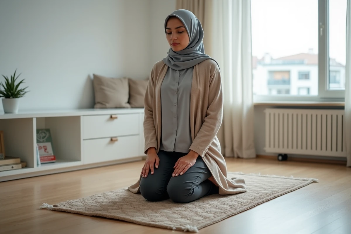 Femme musulmane en prière sur un tapis de prière dans un appartement à Nantes