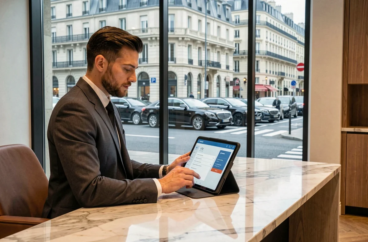 Concierge Private Drive coordinant une réservation VTC haut de gamme dans un bureau luxueux avec vue sur Paris