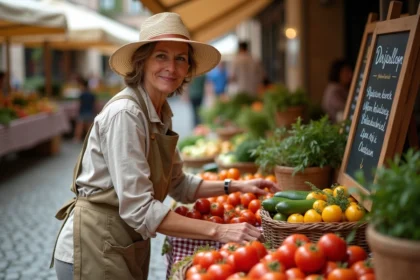 Productrice locale arrangeant des légumes anciens sur son étal de marché dominical en plein air