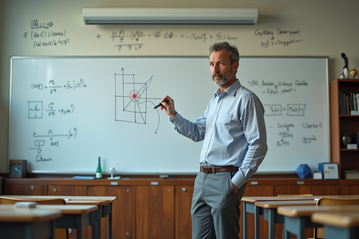 Professeur dessinant un diagramme de Schrödinger en classe