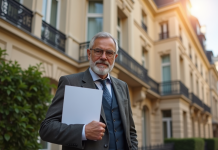 Propriétaire sérieux tenant documents devant immeuble parisien