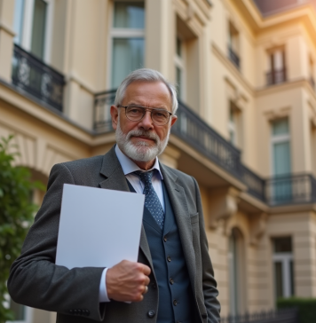 Propriétaire sérieux tenant documents devant immeuble parisien