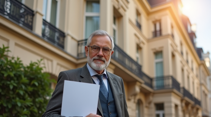 Propriétaire sérieux tenant documents devant immeuble parisien