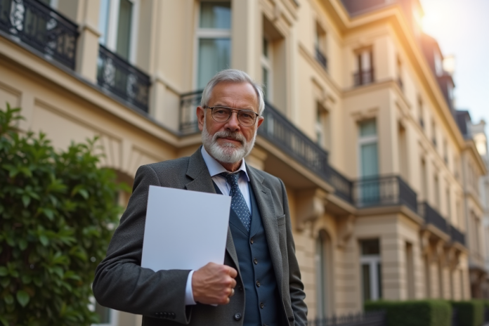 proprietaire-appartement-paris Propriétaire sérieux tenant documents devant immeuble parisien