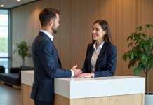 Création de banque d’accueil sur mesure : Comment valoriser votre espace d’accueil ? Femme professionnelle accueillante derrière un bureau en lobby d'entreprise