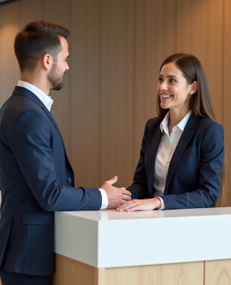 Femme professionnelle accueillante derrière un bureau en lobby d'entreprise
