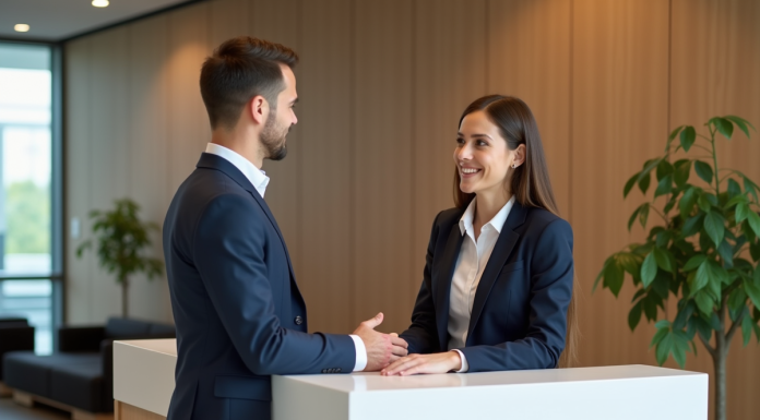 Femme professionnelle accueillante derrière un bureau en lobby d'entreprise