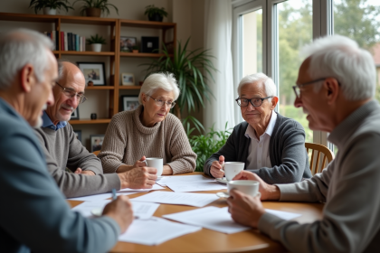 Groupe de seniors français discutant autour d'un café