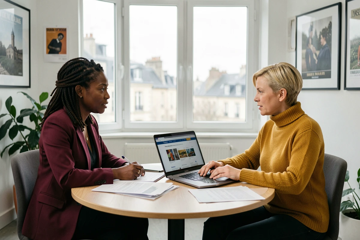 Deux professionnelles discutant d'opportunités d'emploi artistique dans un bureau culturel en région avec vue sur une ville de province