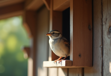 Rougeau perché à l'entrée d'une protection en bois