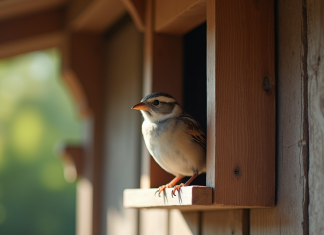 L’impact des caches pour moineaux sur l’écosystème local Rougeau perché à l'entrée d'une protection en bois