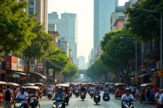 Rue animée de Bangkok avec une foule dense de piétons et de véhicules illustrant la forte densité de population de la métropole thaïlandaise