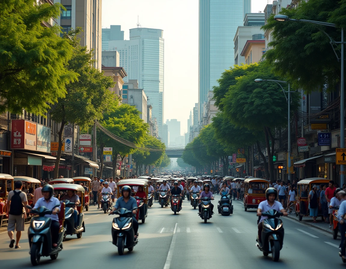 Rue animée de Bangkok avec une foule dense de piétons et de véhicules illustrant la forte densité de population de la métropole thaïlandaise