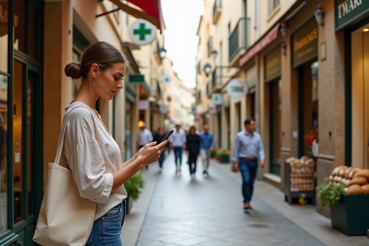 Rue commerçante animée du centre-ville de Narbonne avec boutiques, boulangerie et passants dans une ambiance urbaine méditerranéenne