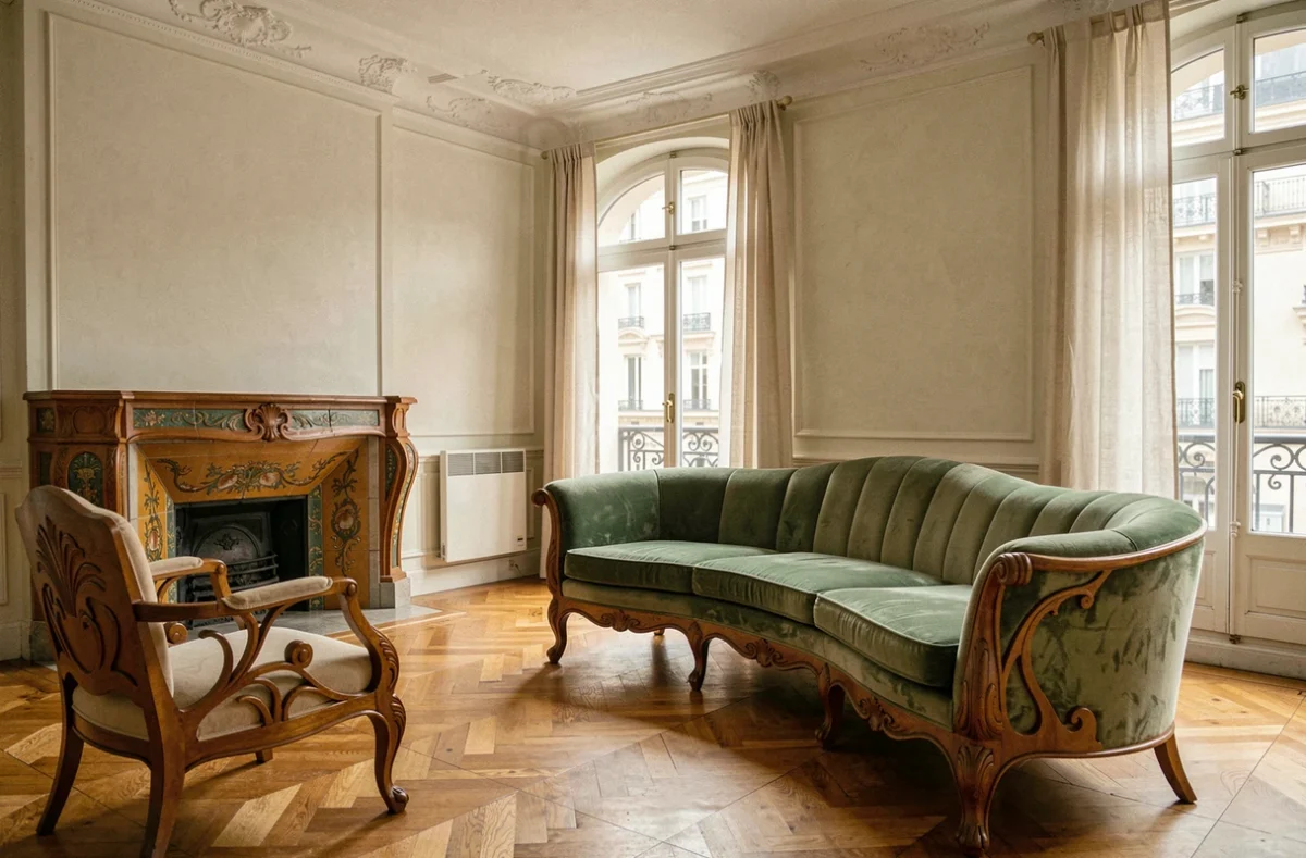 Salon Art nouveau chaleureux avec mobilier en bois sculpté, canapé en velours vert sauge et cheminée carrelée dans un appartement parisien