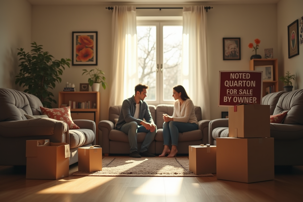 Salon encombré avec cartons et panneau vente maison