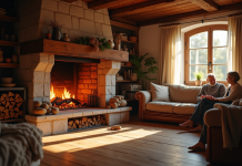 Salon familial normand avec cheminée chaleureuse et famille souriante