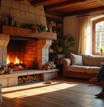 Les Normands redécouvrent le charme du chauffage au bois Salon familial normand avec cheminée chaleureuse et famille souriante