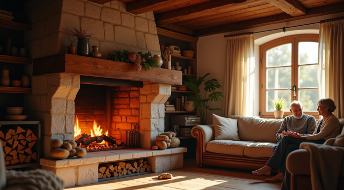 Salon familial normand avec cheminée chaleureuse et famille souriante