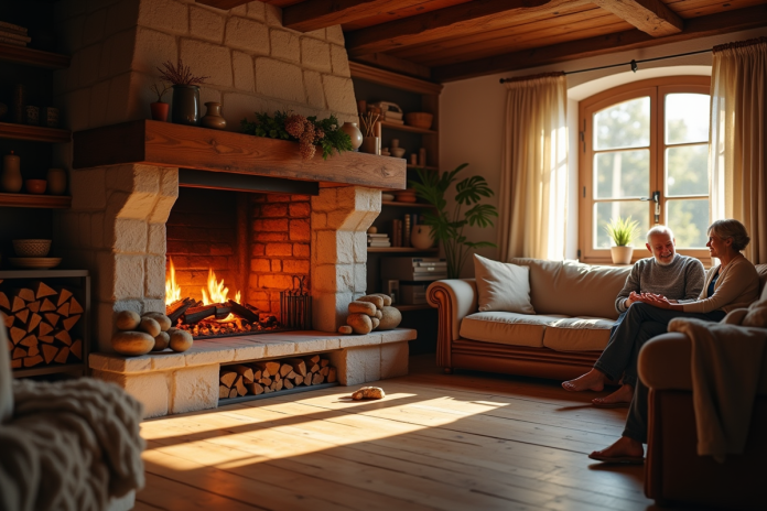 salon-familial-normandie-feu-de-cheminee Salon familial normand avec cheminée chaleureuse et famille souriante
