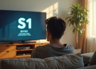 Analyse du code d’erreur S1 chez Bouygues Salon lumineux avec un homme devant un écran affichant erreur S1