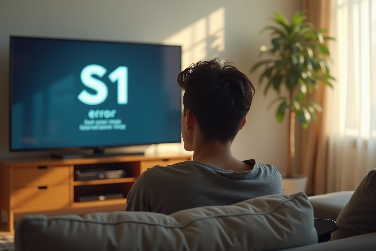 Salon lumineux avec un homme devant un écran affichant erreur S1