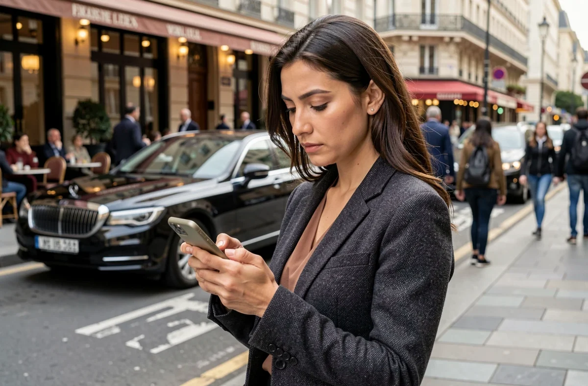 Femme réservant rapidement un service VTC Paris sur son smartphone depuis un trottoir parisien animé
