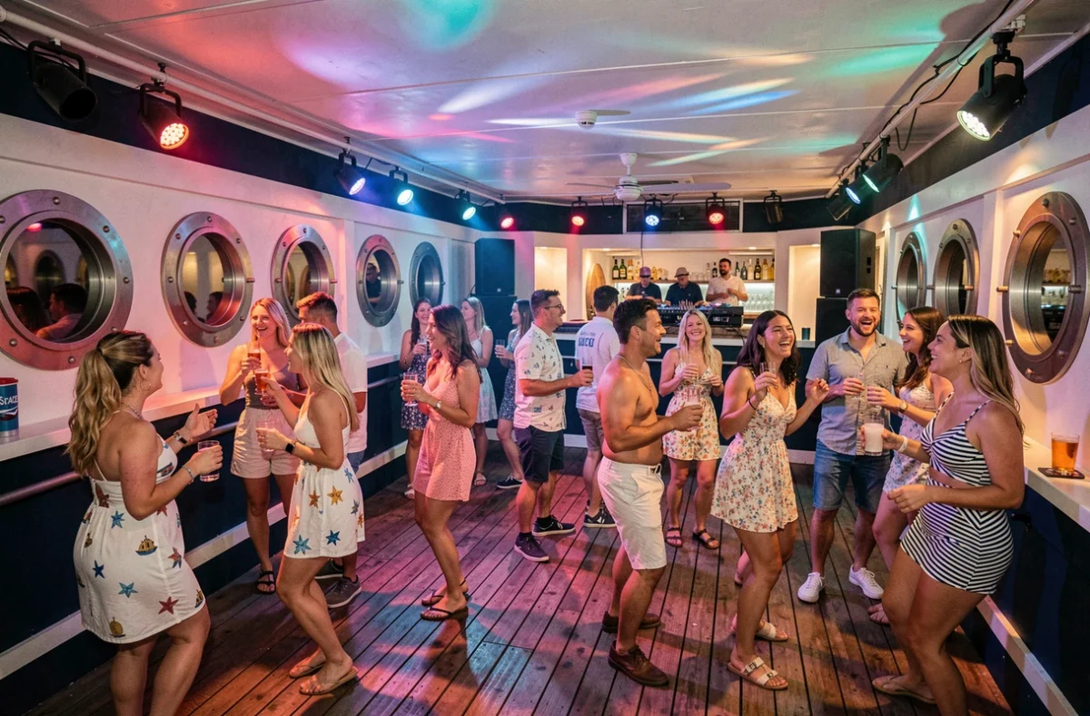 Ambiance festive du Space Club à Pléneuf-Val-André avec décor nautique et foule en tenue estivale