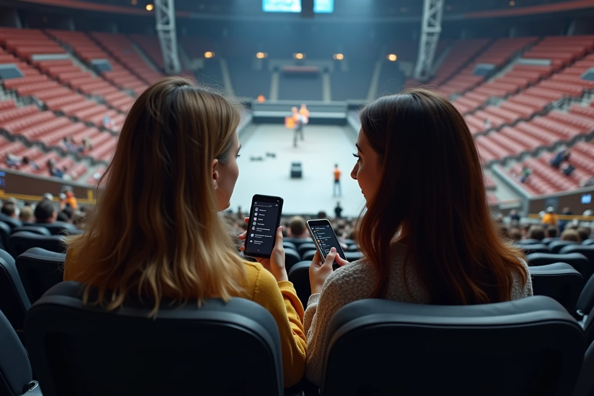 Deux spectatrices vérifiant leur placement sur un plan de salle numérique avant un concert à Paris La Défense Arena