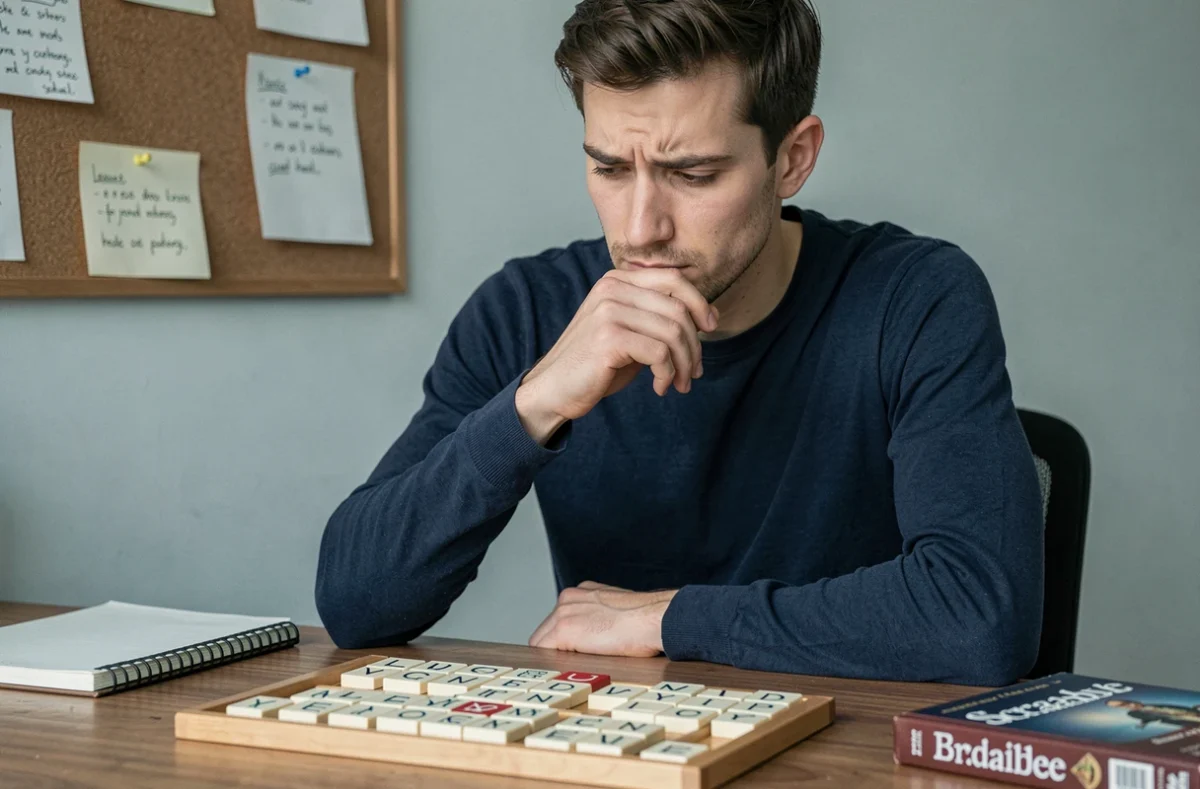 Homme analysant un chevalet de Scrabble avec des consonnes et la lettre Y dans un bureau à domicile, ambiance studieuse et stratégique