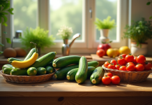 Table en bois avec légumes frais et fruits jujubes